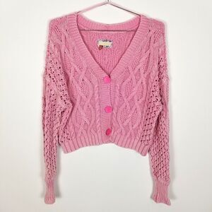 Pilcro women Cable Knit Cardigan Sweater Size M Pink Button Up Barbiecore Crop